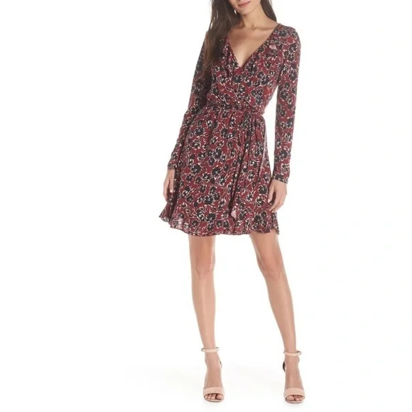 French Connection] Red Jersey Floral Wrap Dress